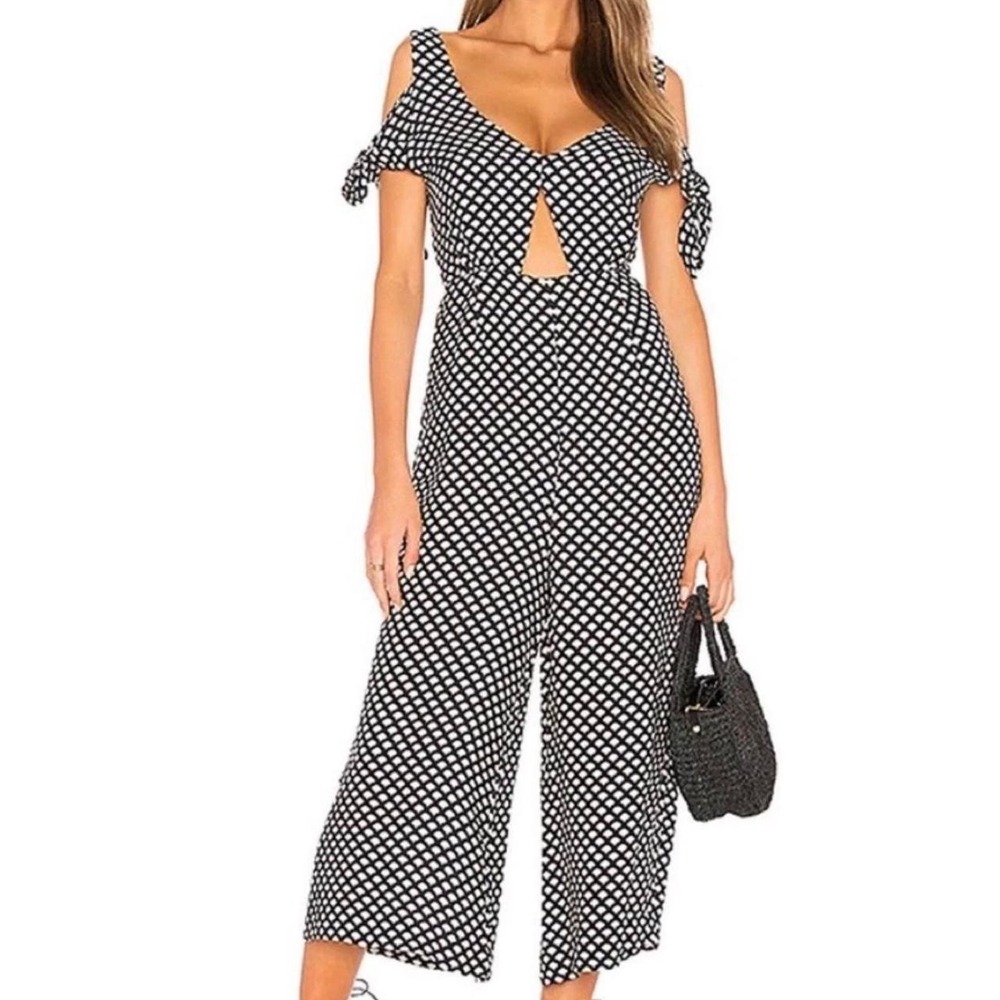 Farm Rio Black White Geometric Fan Print Cold Shoulder Cutout Jumpsuit Small